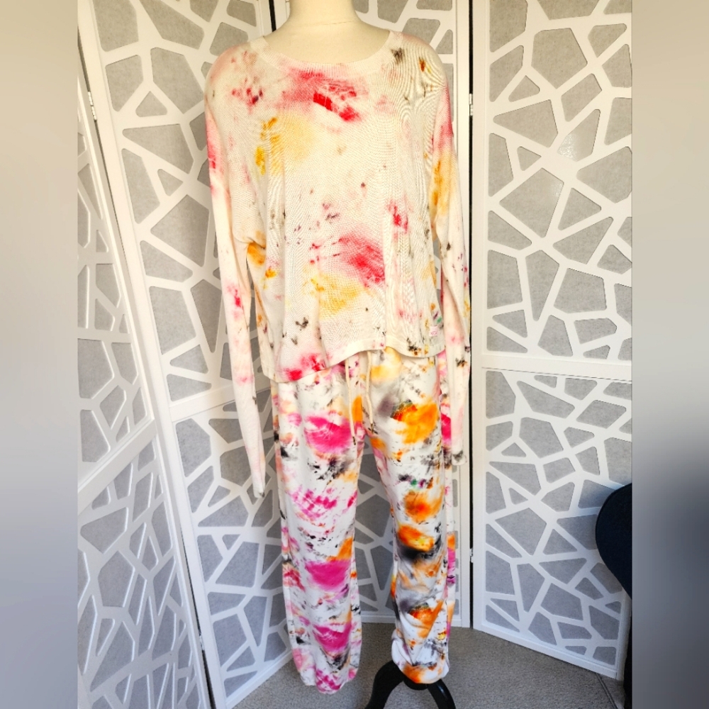 Beach Riot tie-dye sweater/pants set Lg Bellagio collab cream/pink/orange/black
